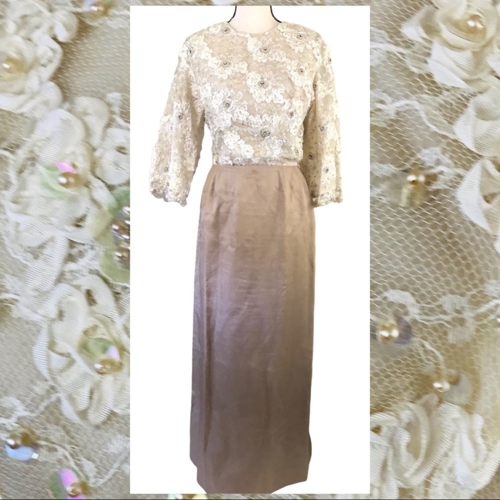 SOLD Vintage 60s Hall Ludlow Gown Sequins Lace Organza Cream Beige Wedding Dress - Picture 1 of 16